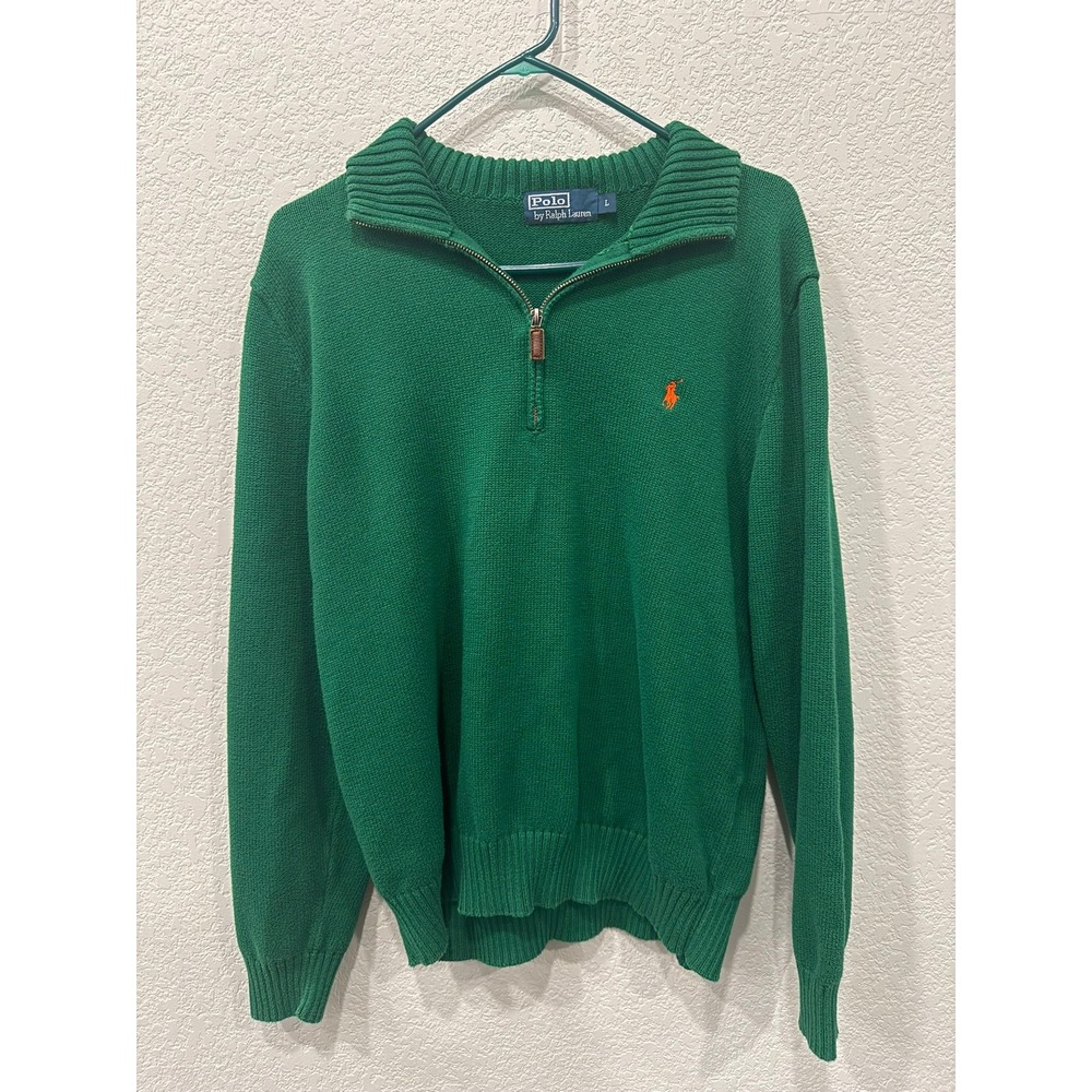 Vintage 90s Polo Ralph Lauren 1/4 Zip Cotton Knit Sweater Green Mens Large